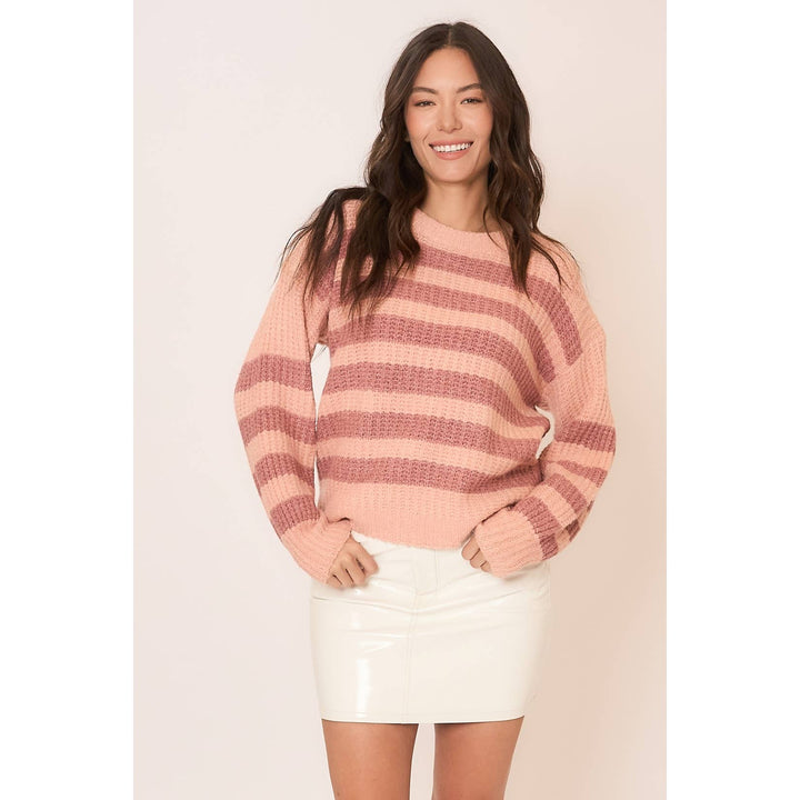 Striped Brushed Knit Crew Neck Sweater Blush