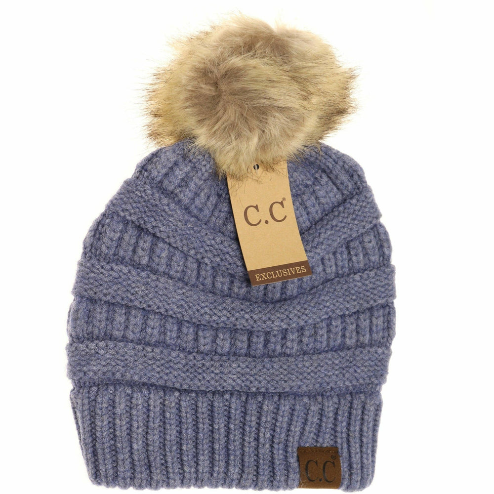 Mixed Soft Yarn Natural Pom Beanie Denim