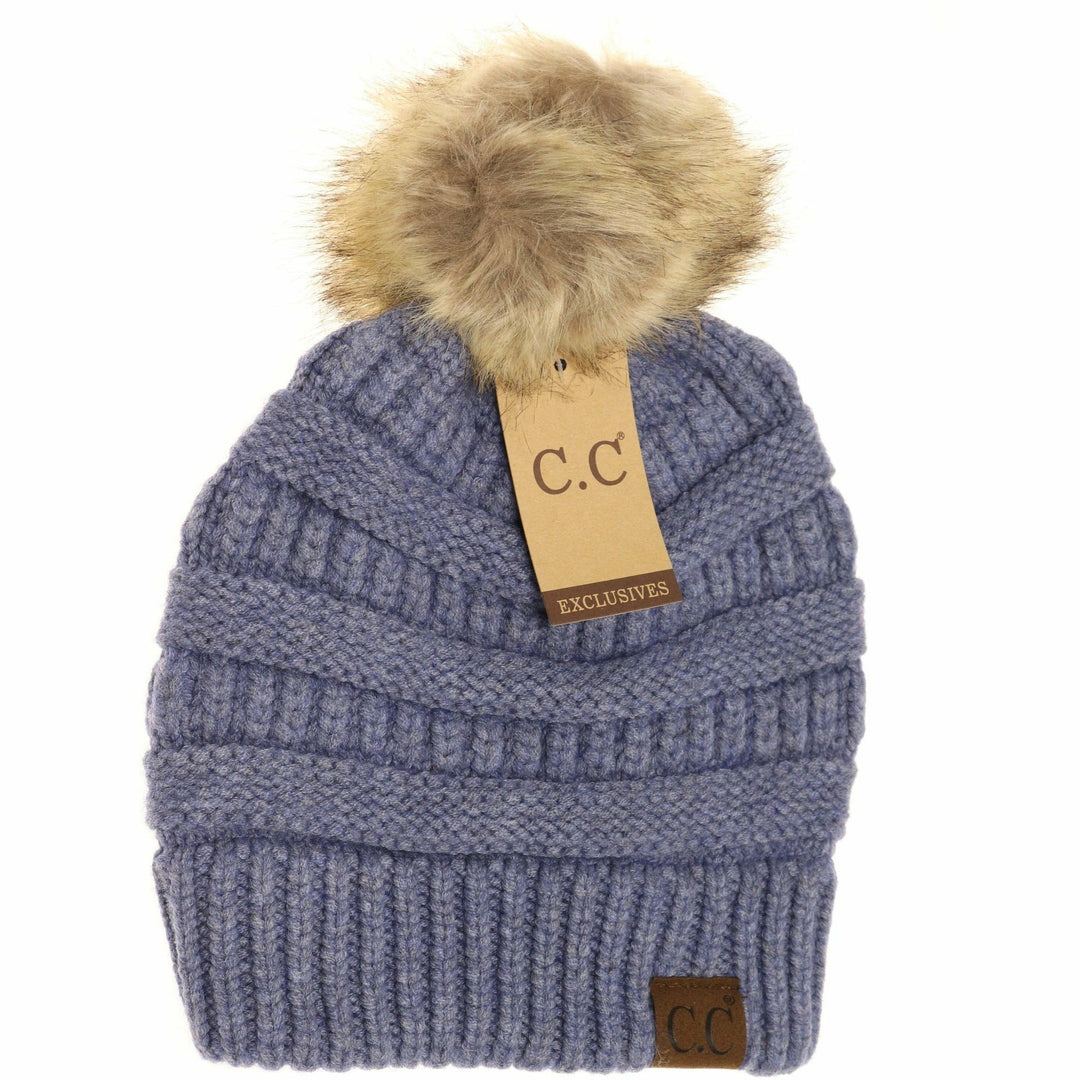 Mixed Soft Yarn Natural Pom Beanie Denim