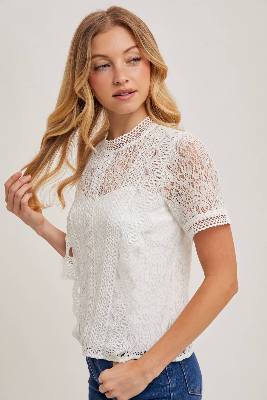 Bluivy Mock Neck Lace Top with Button Back - Ivory