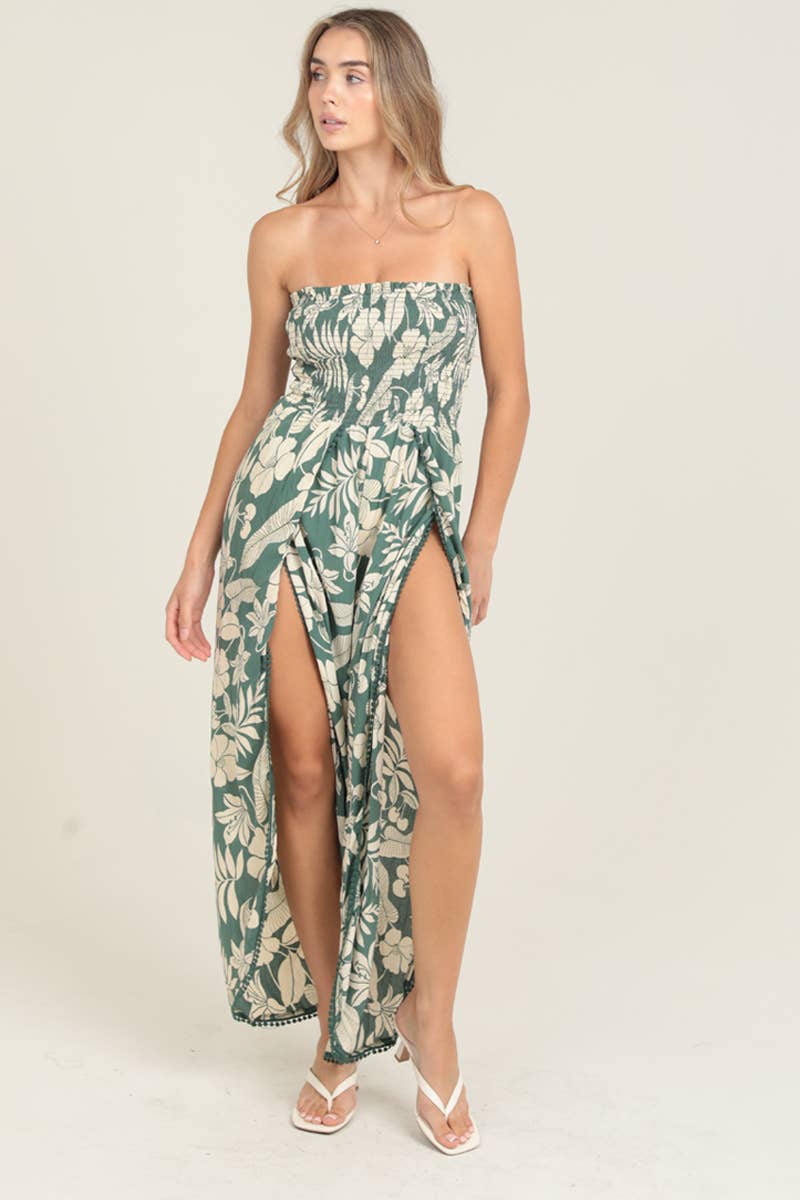 Angie Smocked Bodice Wrap Leg Jumpsuit in Green 5