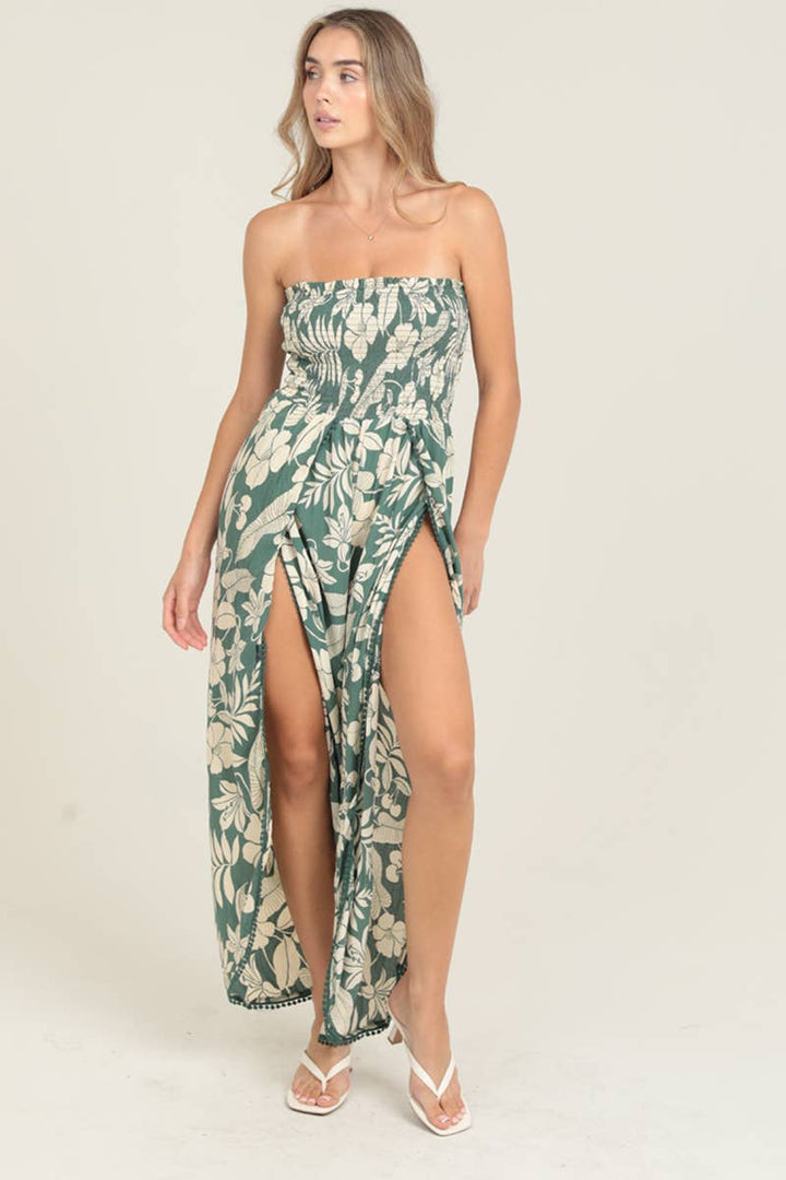 Angie Smocked Bodice Wrap Leg Jumpsuit in Green 5