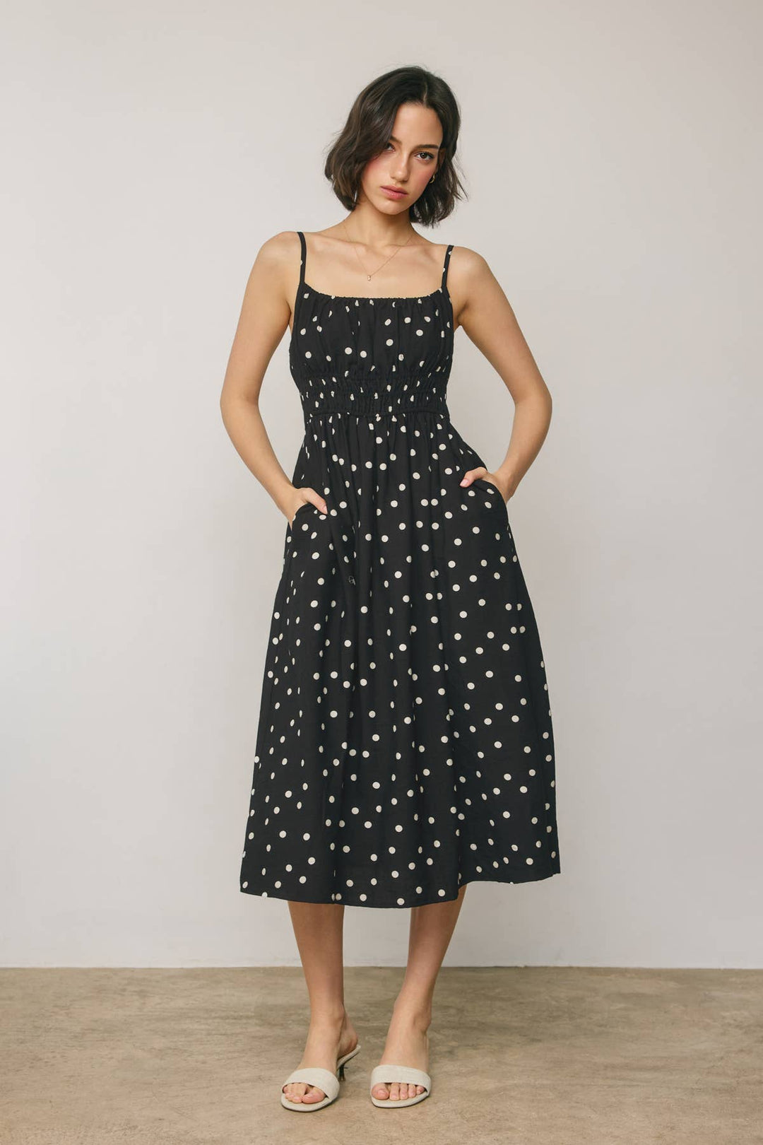 Dress Forum - Sunday Dot Shirred Waist Sleeveless Dress in Black