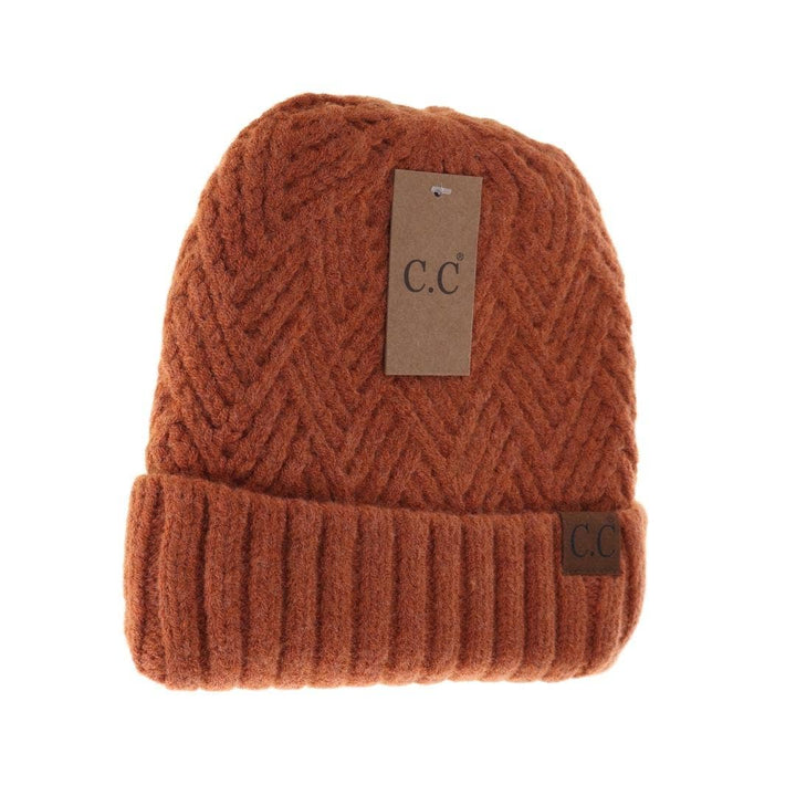 Fuzzy Lined Crisscross Knit C.C Beanie  Rust