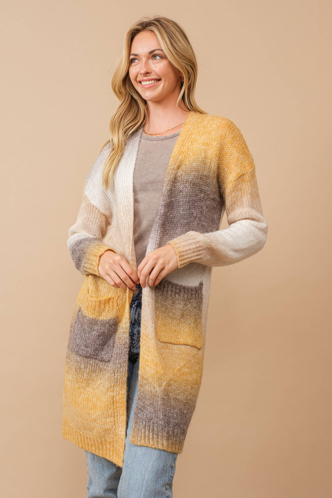 Ombre Brushed Yarn Knit Open Cardigan mustard6