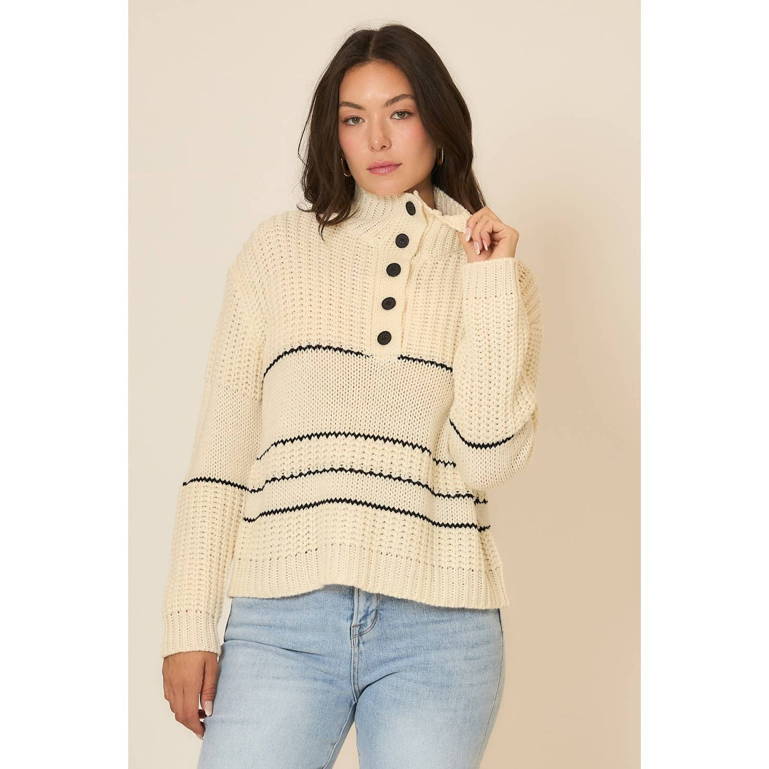 Button Up Knit Sweater with Contrast Stripes Cream 5
