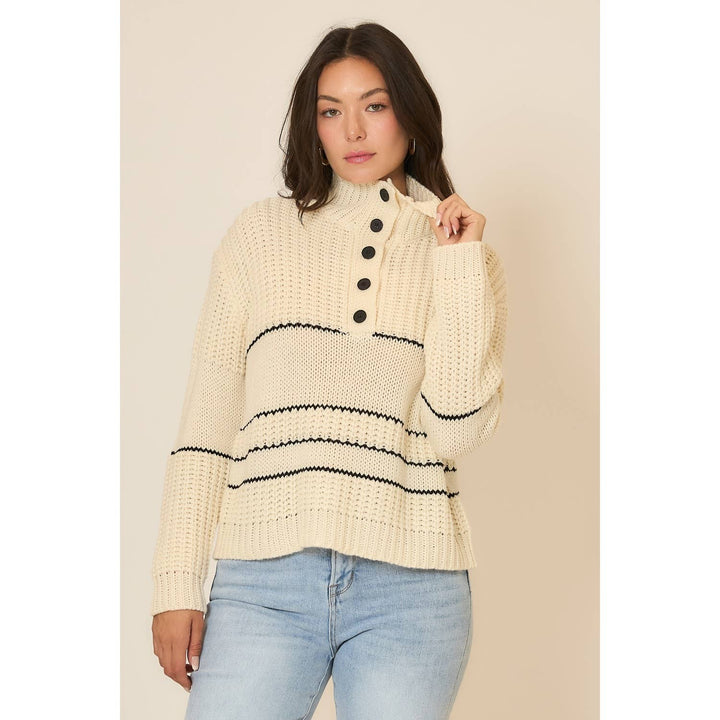 Button Up Knit Sweater with Contrast Stripes Cream 5