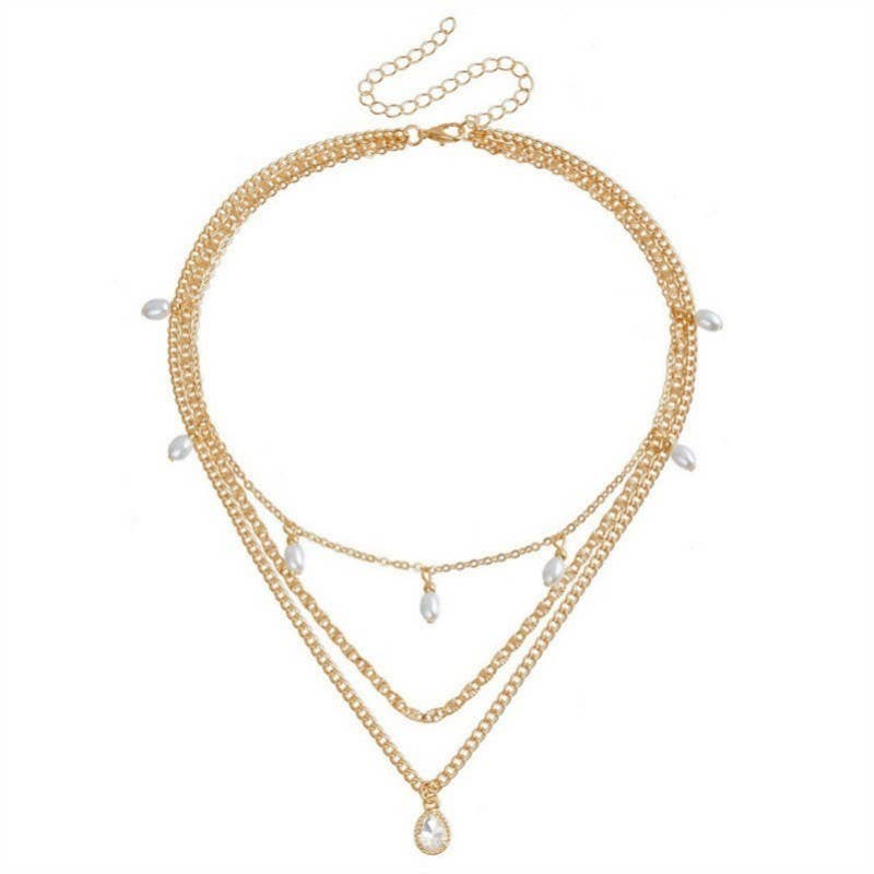Multi-Layer Pearl &amp; Stone Chain Teardrop Charm Necklace – Gold Plated | JOSSLYN 3