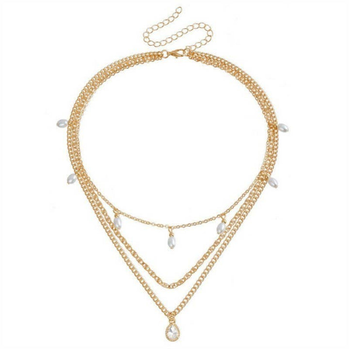 Multi-Layer Pearl &amp; Stone Chain Teardrop Charm Necklace – Gold Plated | JOSSLYN 3