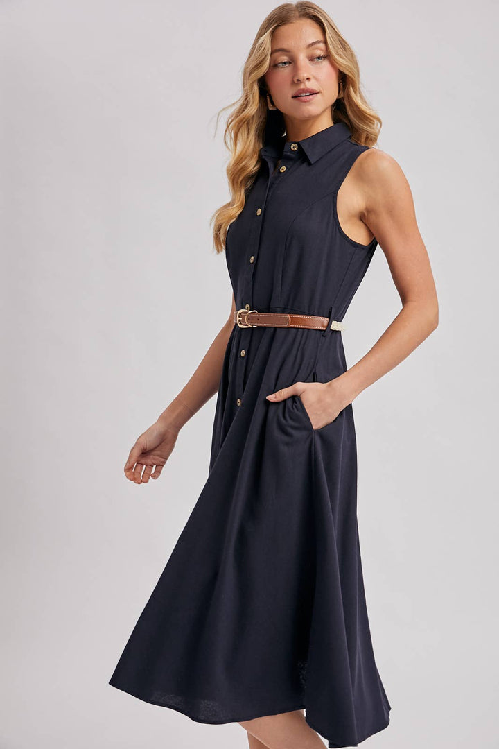 Bluivy Button Down Sleeveless Midi Dress in navy side