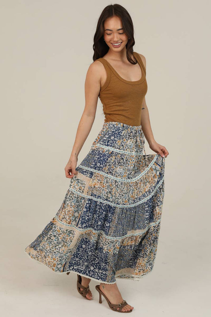 Angie Tiered A-Line Printed Maxi Skirt with Lace Trim in Blue 1