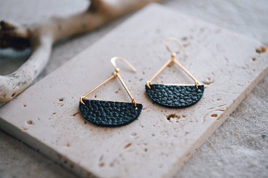 Triangle and Half Moon Leather Earrings