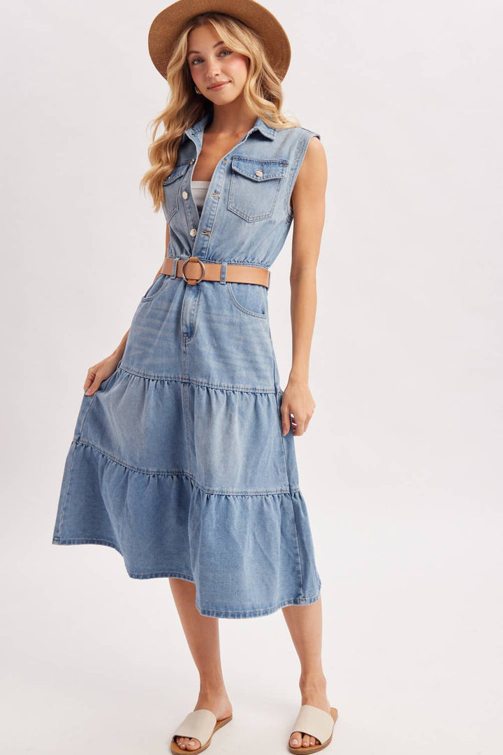 Bluivy Denim Sleeveless Shirt Tiered Midi Dress in light wash