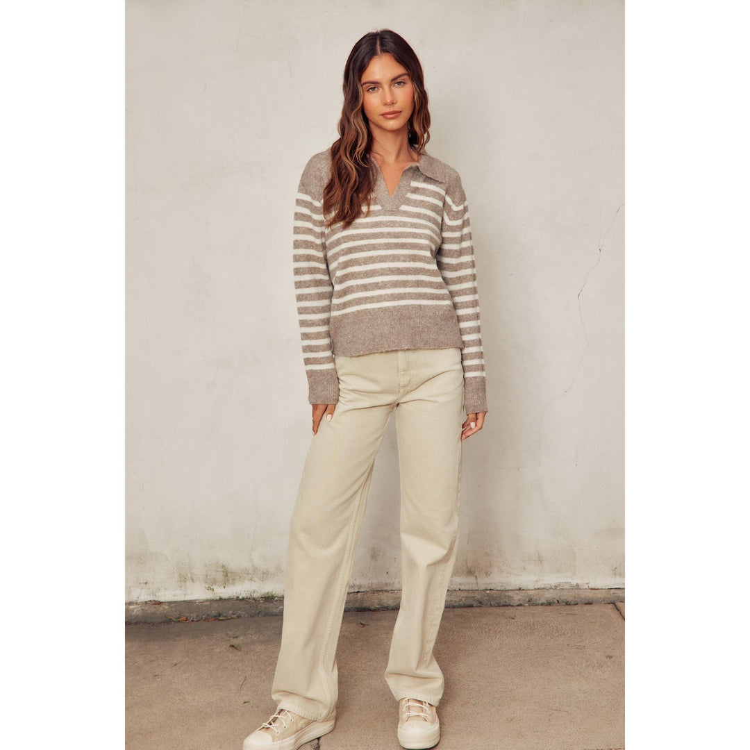 Soft And Fuzzy Striped Polo Sweater Toffee/Cream 3