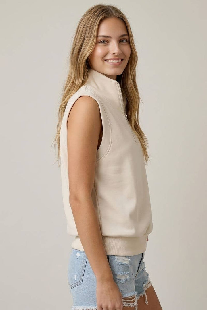 Doe and Rae Brushed Modal Half Zip Sleeveless Top Ecru 1
