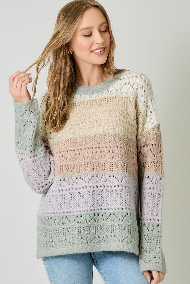 Mystree Color-Block Pointelle Sweater - Ivory Oatmeal