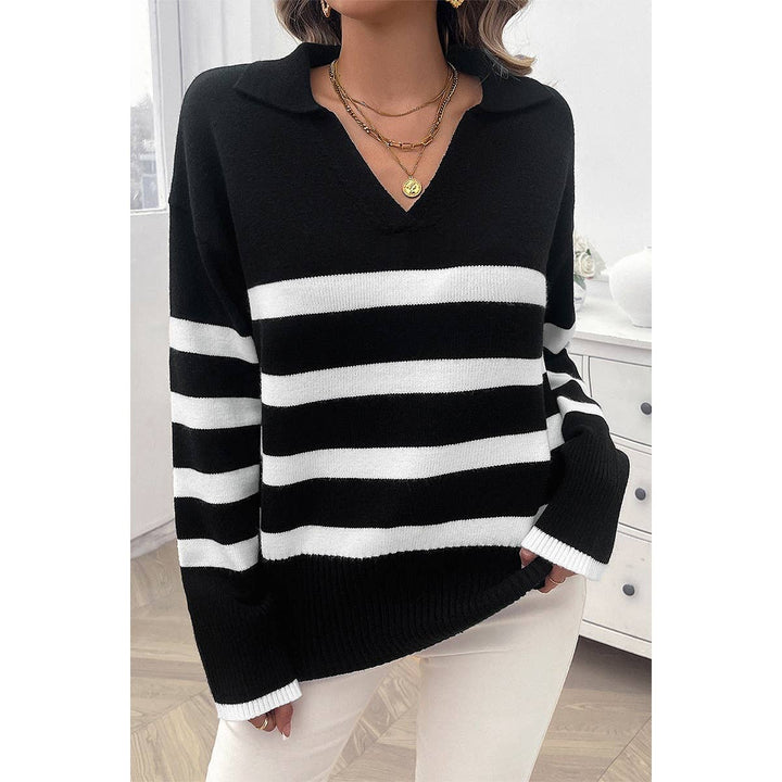 V Neck Drop Shoulder Strip Knit Loose Sweater blk