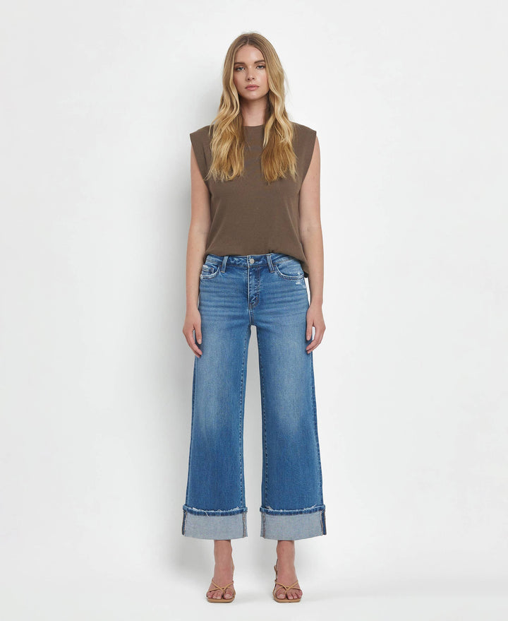 Flying Monkey High Rise Medium Wash Cuffed Wide Jeans in Moorland 3