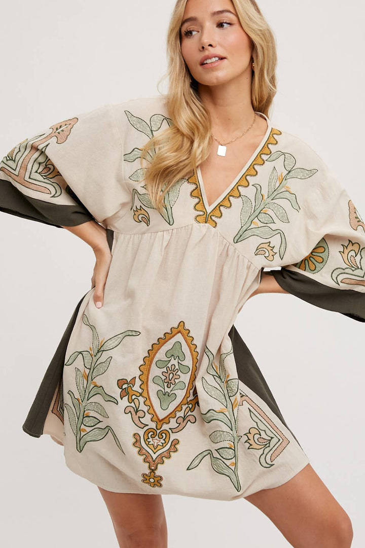 Bluivy Boho Embroidered Babydoll Dress - Sage
