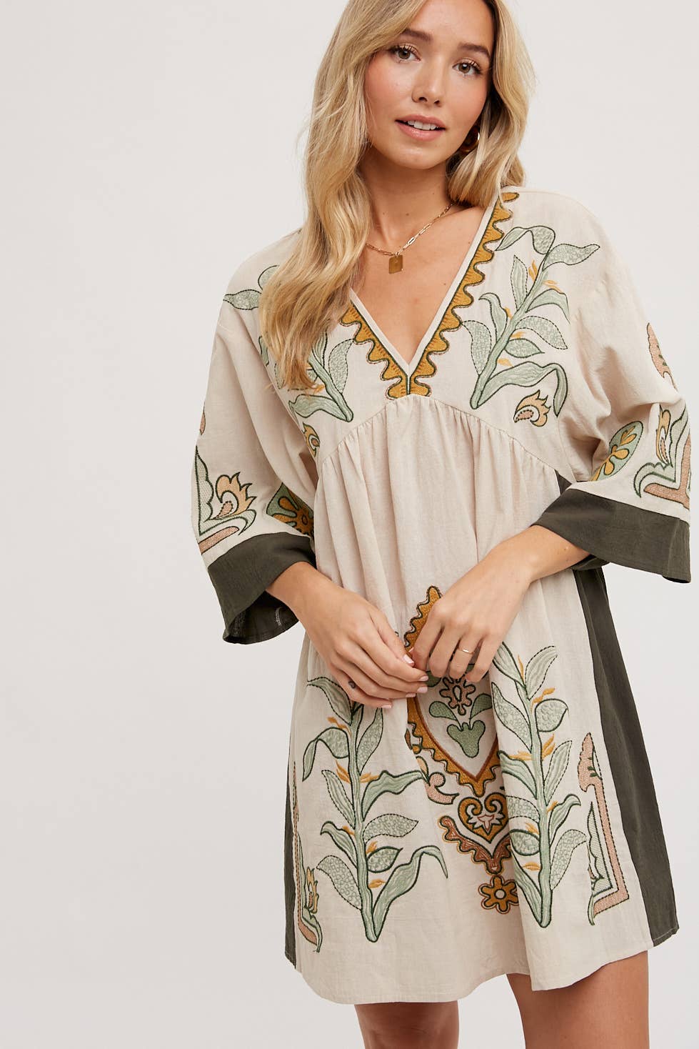 Bluivy Boho Embroidered Babydoll Dress - Sage