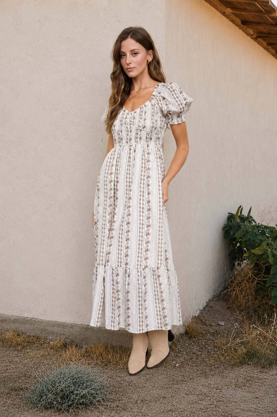 Blu Pepper - Floral Stripe Puff Sleeve Ruffled Midi Dress in Brown 2