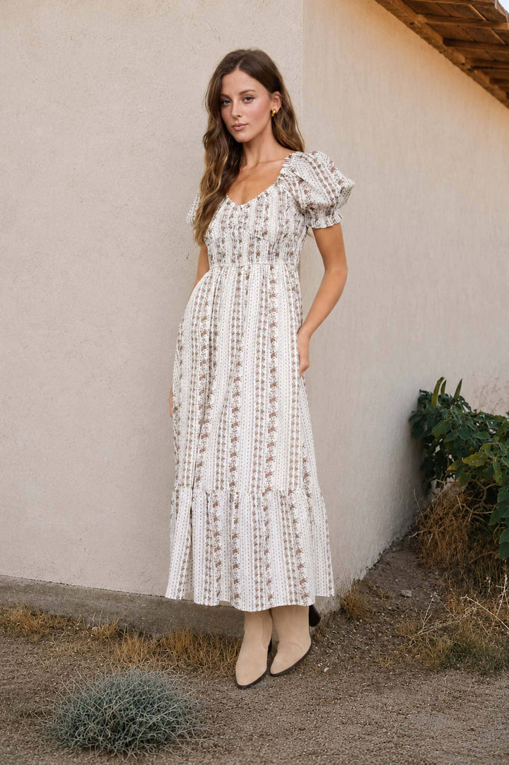 Blu Pepper - Floral Stripe Puff Sleeve Ruffled Midi Dress in Brown 2