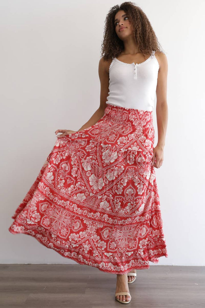 Angie Printed Tiered A-Line Maxi Skirt with Smocked Waist in Americana 1
