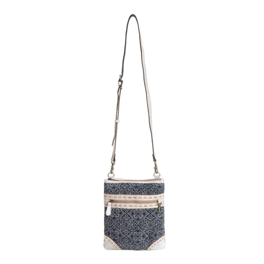 Myra Moroccan Nights small crossbody bag with geometric print - Side View with Strap Detail