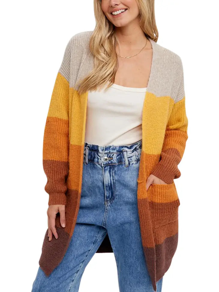 Color Block Open Front Sweater Cardigan