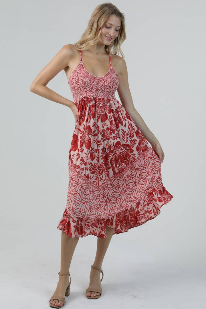 Angie Spaghetti Strap Lace Floral Maxi Dress in Tan