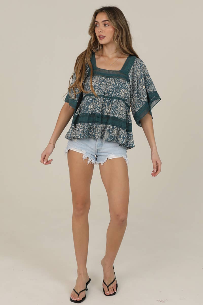 Angie Lace Trim Printed Wide Sleeve Blouse in Blue 5