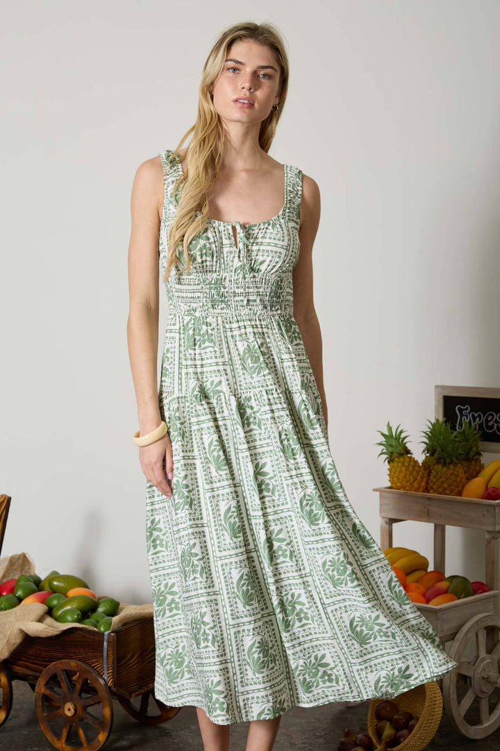 Blu Pepper - Floral Tile Print Sleeveless Smocked Midi Dress in Olive