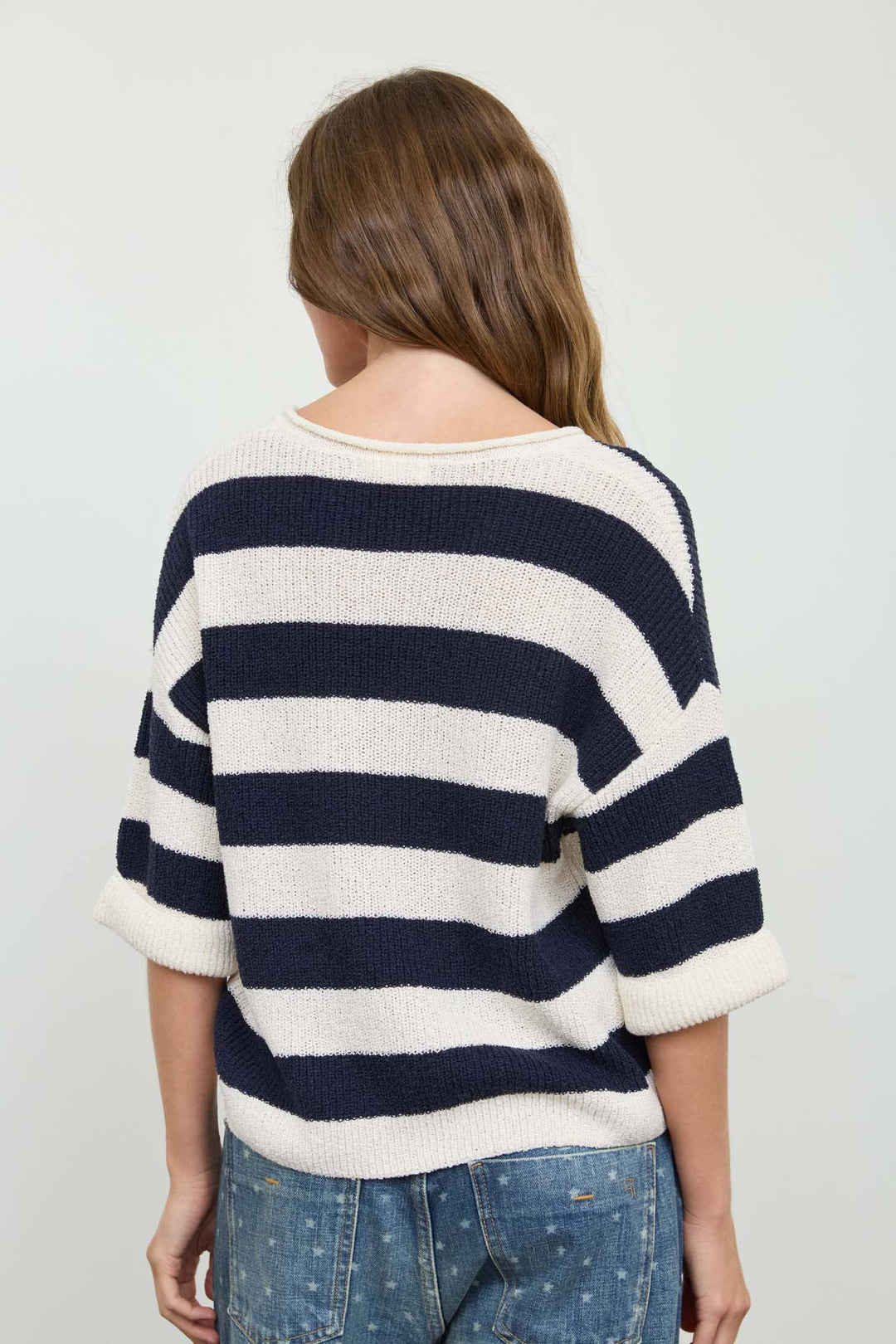 Blu Pepper - Wide-Stripe Split-Neck Short-Sleeve Sweater in Navy back