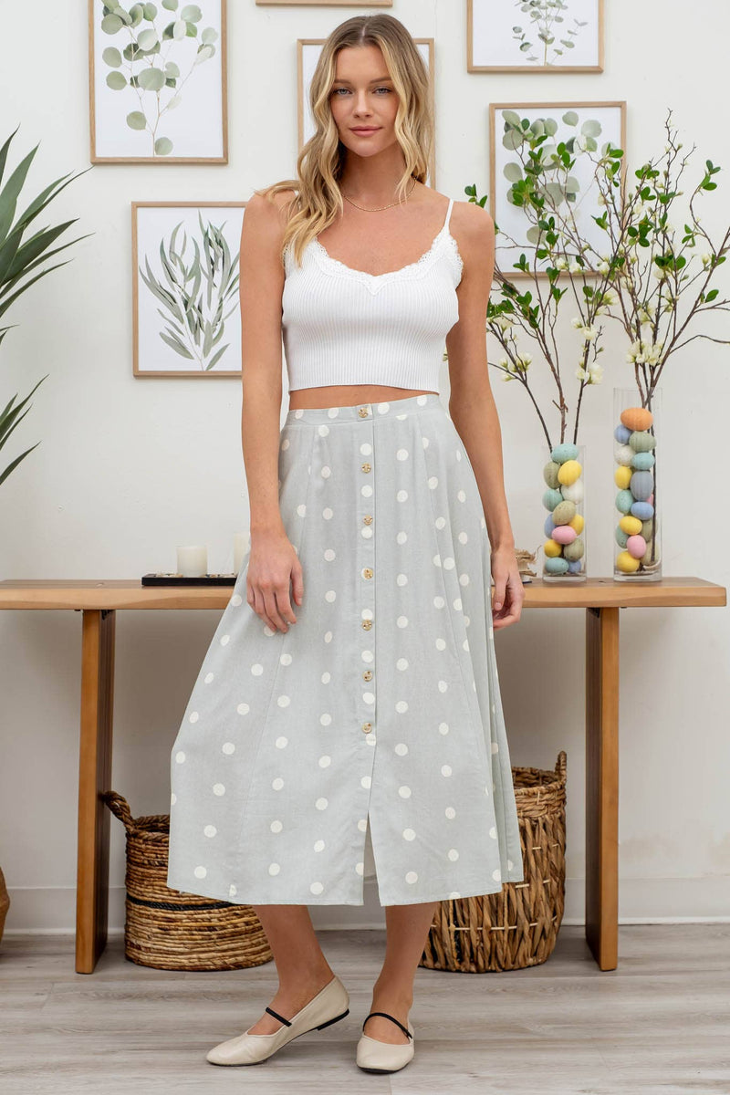 Polka Dot Button Down Midi Skirt