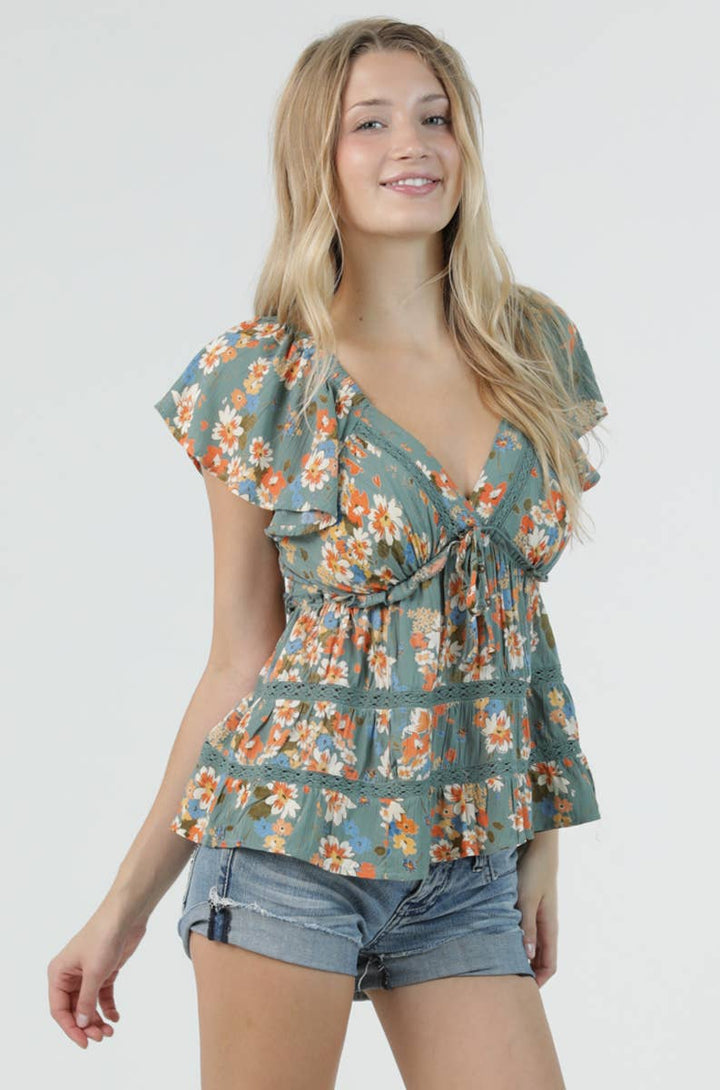Angie Flutter Sleeve Top with Ruffle Detail and Crochet in Watercress 1