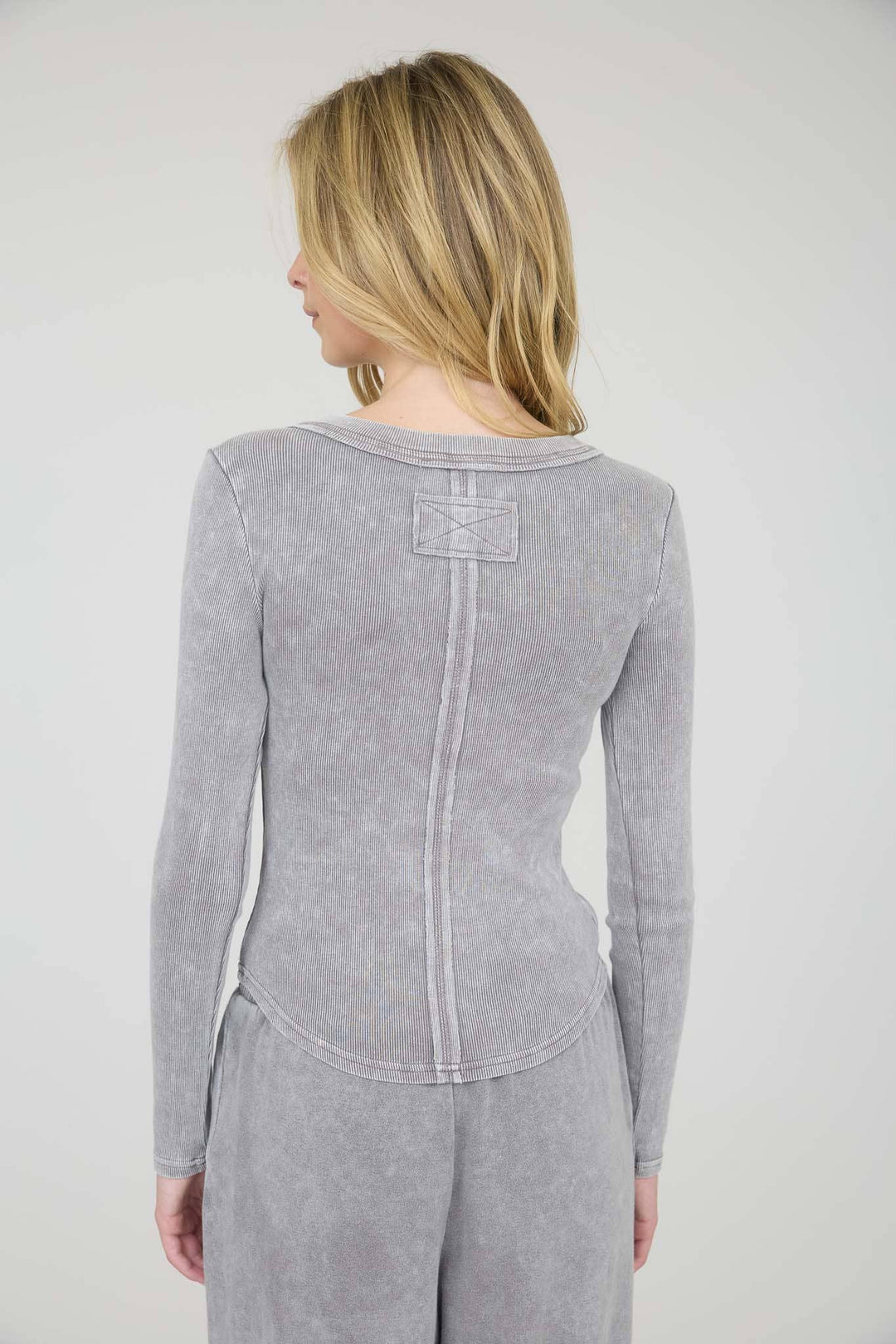 Washed Ribbed Henley Top Charcoal 1