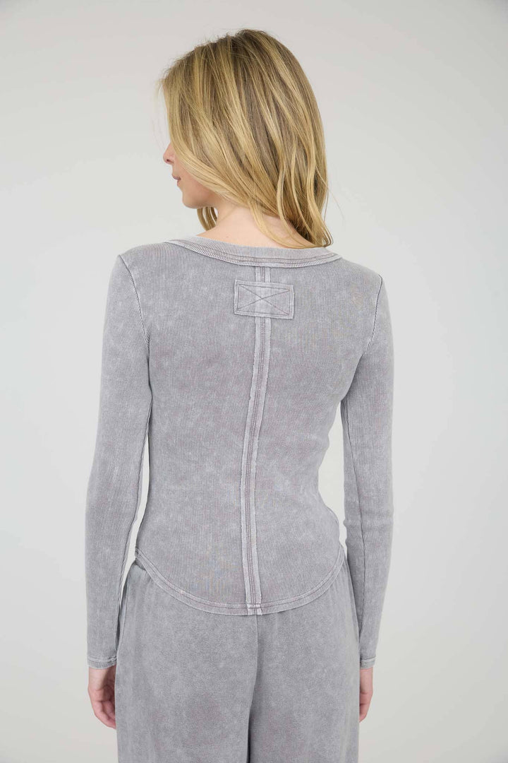 Washed Ribbed Henley Top Charcoal 1