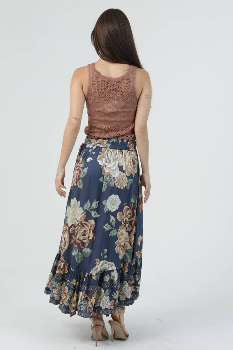 Angie Smocked Waist Ruffle Hem Maxi Skirt in Indigo 2