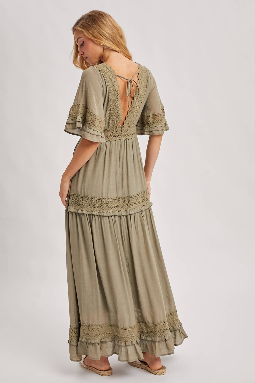 V-Neck Lace Trim Maxi Dress olive 5