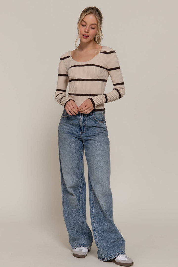 Double Scoop Neck Stripe Sweater Beige/Brown  4