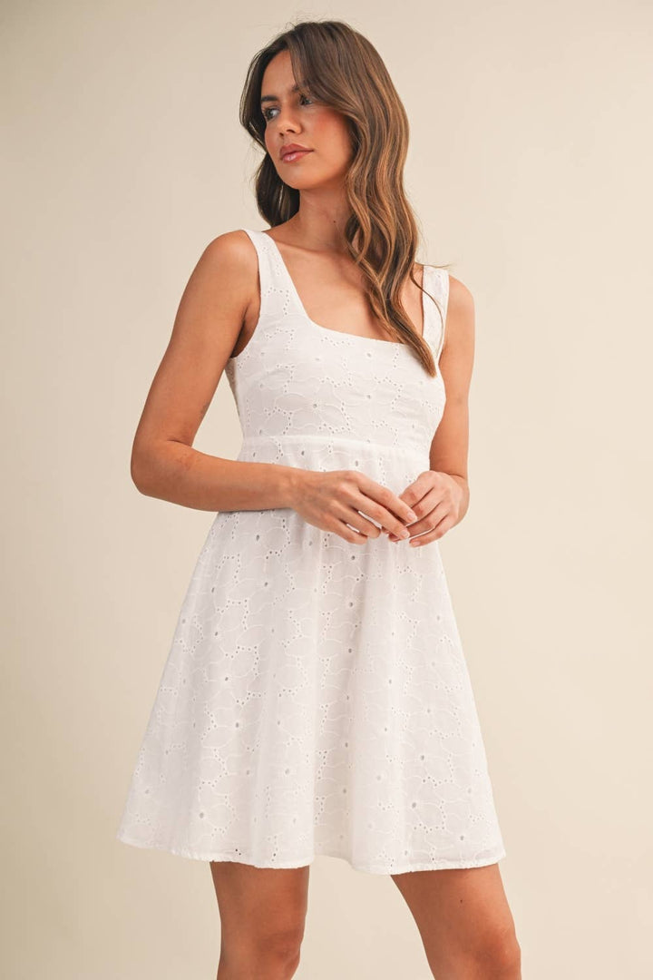 Klesis - Eyelet Empire Flare Mini Dress White