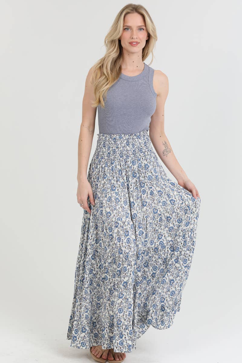 Angie Floral Tiered A-Line Maxi Skirt with Smocked Waist Blue 3
