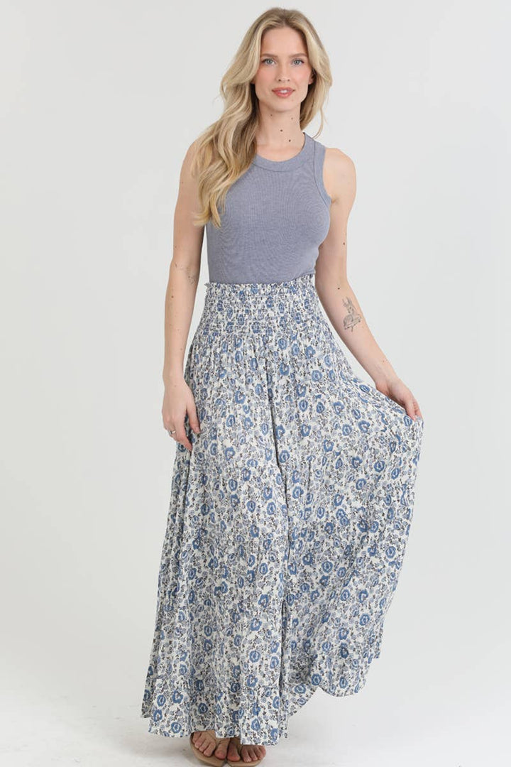 Angie Floral Tiered A-Line Maxi Skirt with Smocked Waist Blue 3