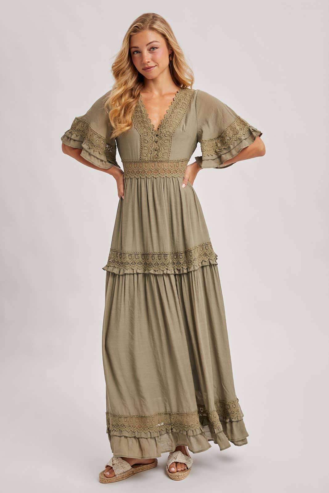 V-Neck Lace Trim Maxi Dress olive 4