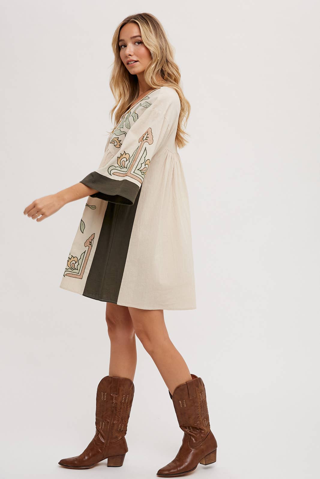 Bluivy Boho Embroidered Babydoll Dress - Sage