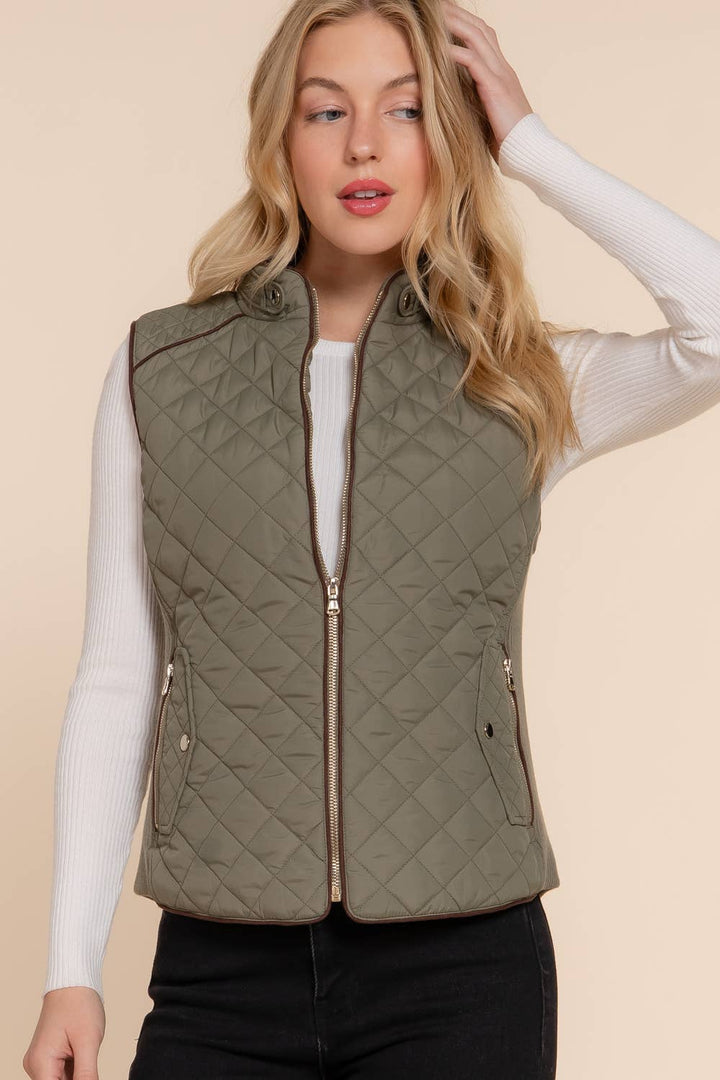 Active Basic - Suede Piping Detail Rib Quilted Padding Vest in Olive