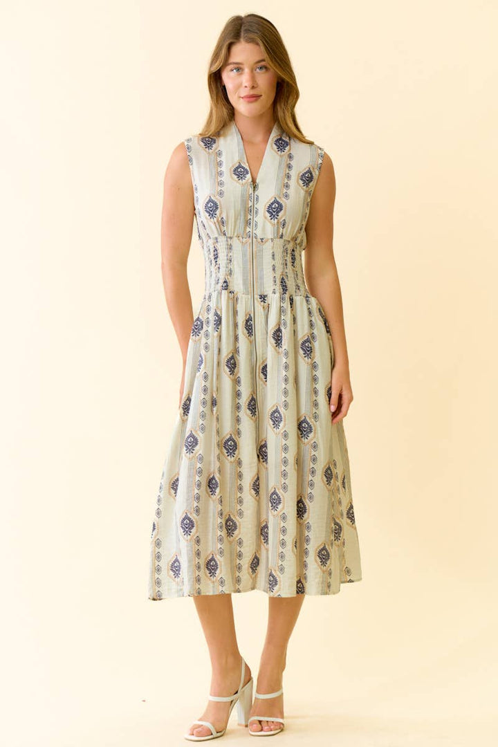 Doe and Rae Botanical Print Midi Dress in ecru 2