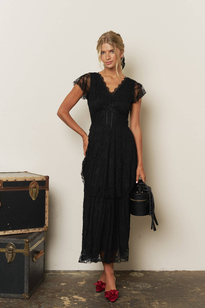 Blu Pepper - Black Tiered Lace V-Neck Midi Dress
