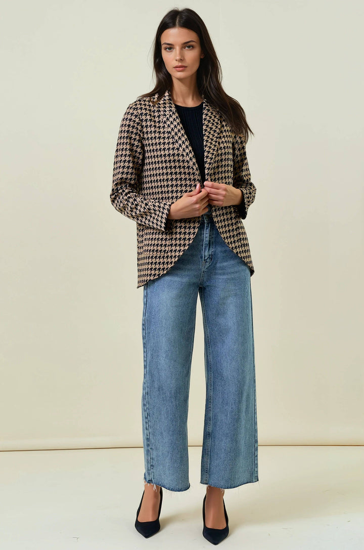 Houndstooth Jacquard Shawl Neck Blazer Mocha/Black 4