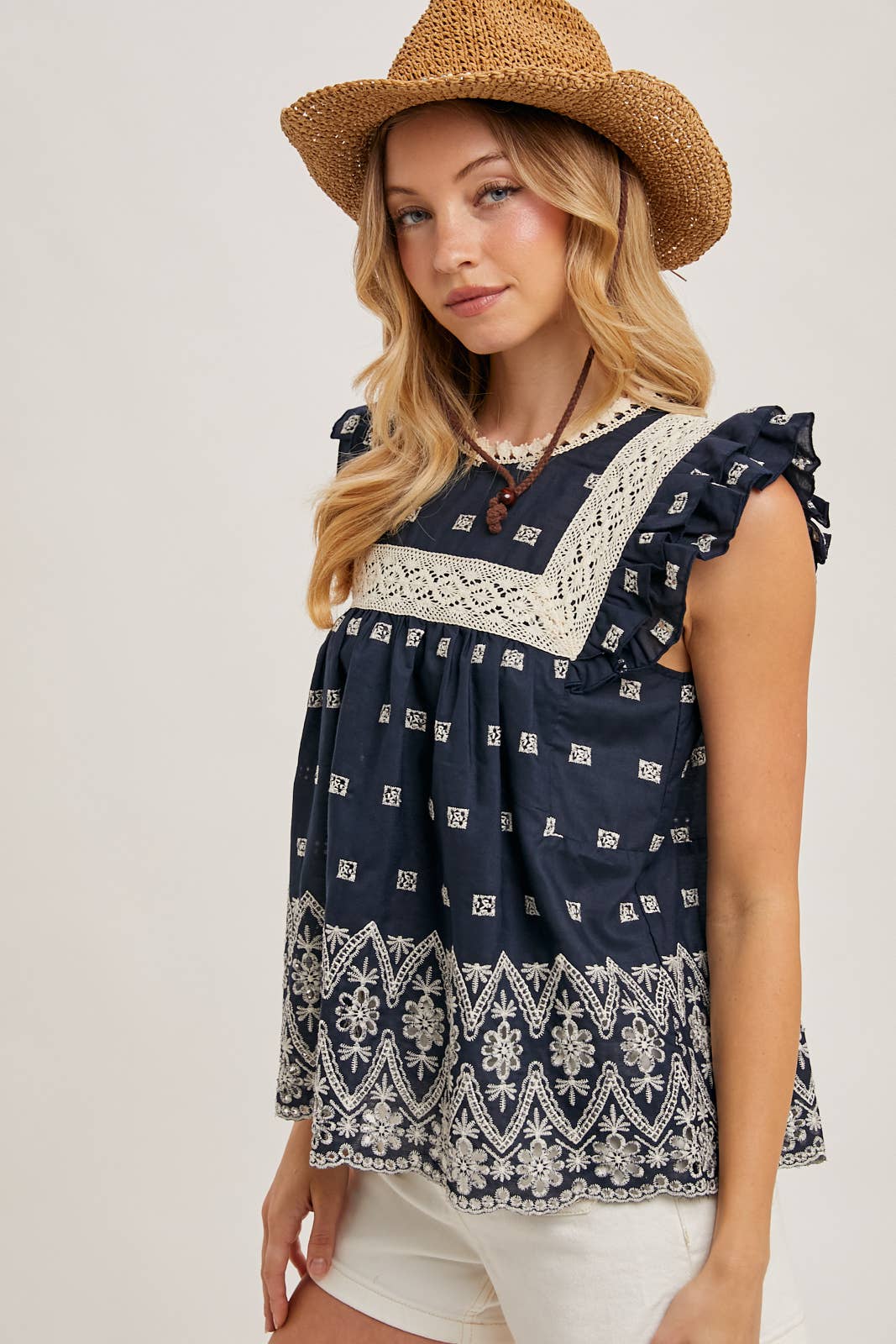 Bluivy Boho Floral Embroidered Blouse Top - Navy